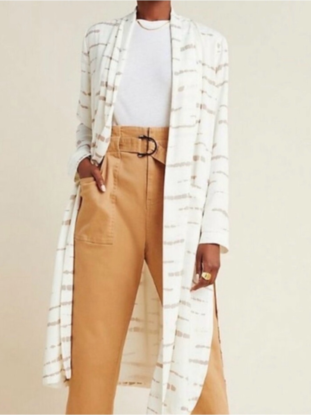 BB Dakota Anthropologie Kimono Duster Jacket Women Medium Cream Brown Abstract